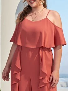 SHEIN Jumpsuit palazzo de hombros descubiertos con diseño fruncido - Rosa Oxidada - Ver 4