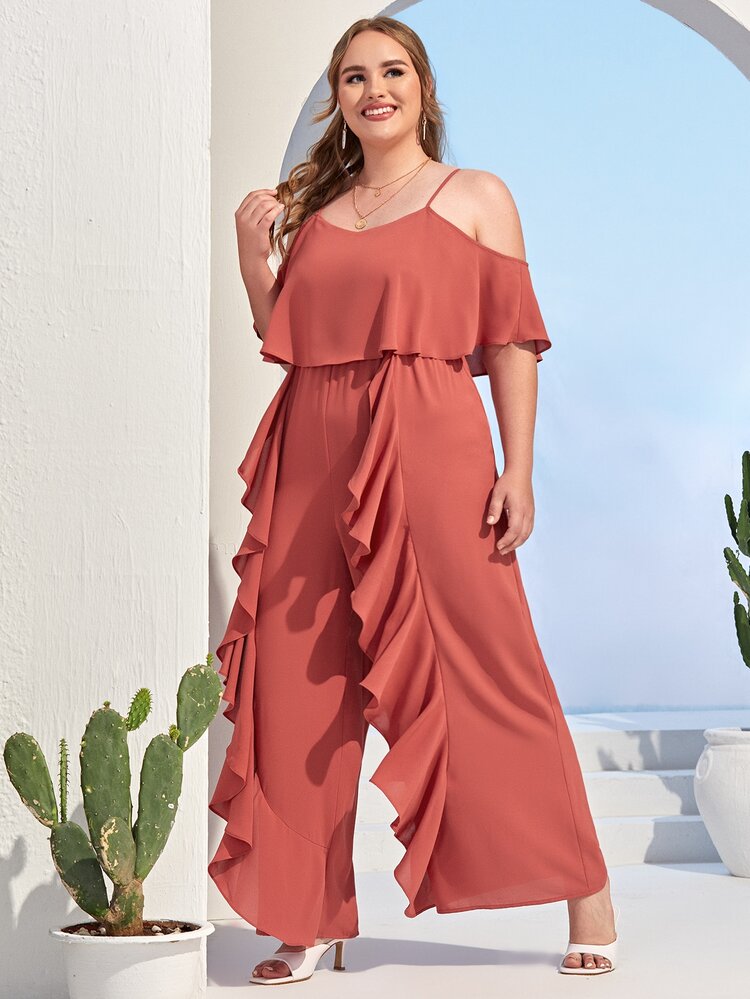 SHEIN Plus Cold Shoulder Ruffle Detail Palazzo Jumpsuit - Rusty Rose - View 5