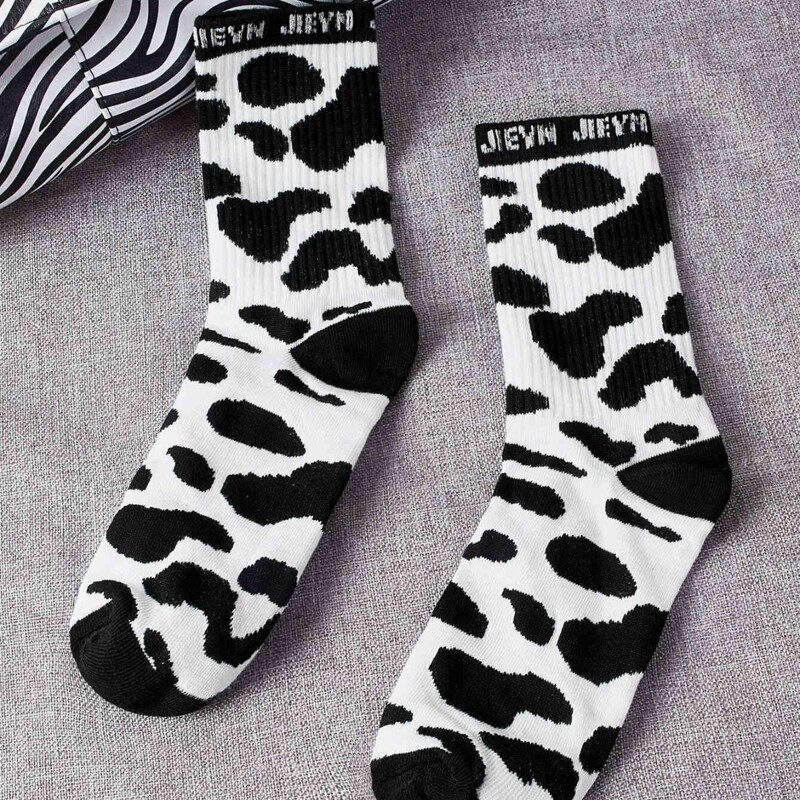 

Cow Print Crew Socks, Black and white