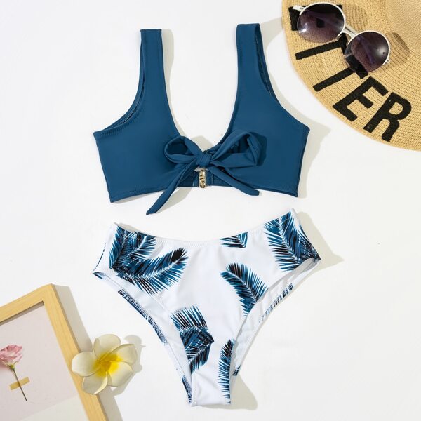 

Leaf Pattern Tie Front Bikini Swimsuit, Blue and white