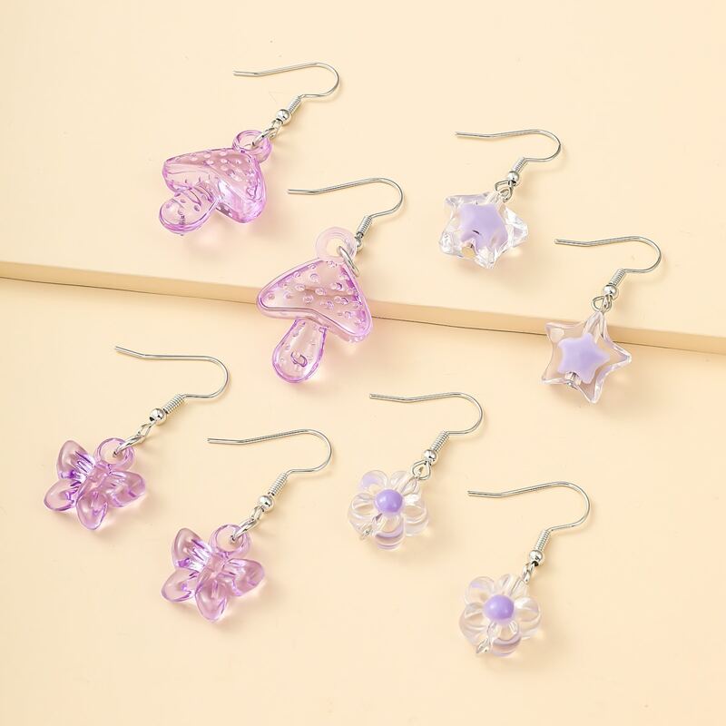 

4pairs Clear Mushroom & Floral Drop Earrings, Purple