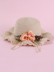 Mũ rơm cô gái trang trí hoa - Màu be - Xem 2