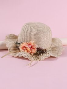 Mũ rơm cô gái trang trí hoa - Màu be - Xem 3
