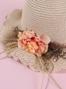 Mũ rơm cô gái trang trí hoa - Màu be - Xem 6