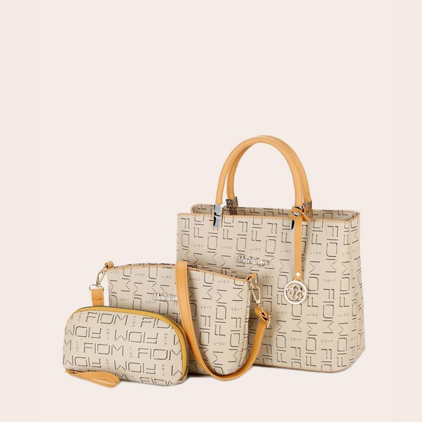 

3pcs Letter Graphic Tote Bag Set, Khaki
