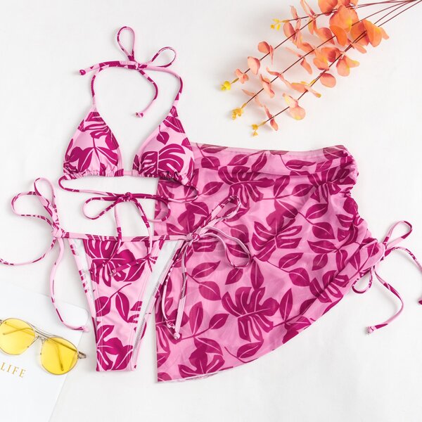 

3pack Leaf Print Micro Triangle Bikini Swimsuit & Beach Skirt, Pink