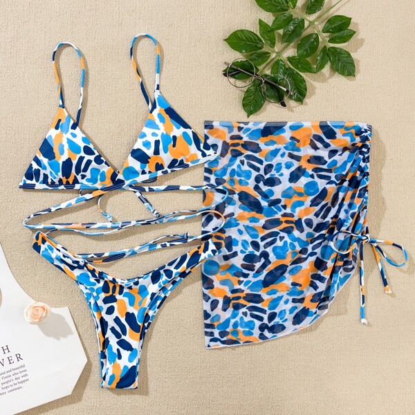 

3pack Allover Graphic Bikini Swimsuit With Beach Skirt, Multicolor