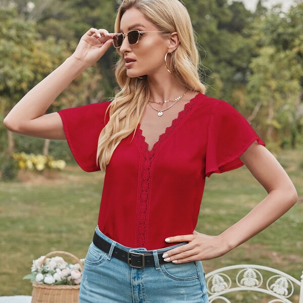

Contrast Lace Butterfly Sleeve Blouse, Burgundy
