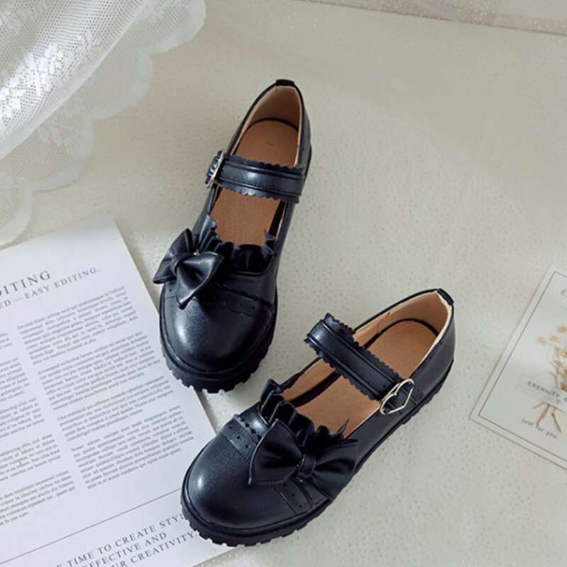 

Bow & Ruffle Heart Buckle Mary Jane Flats, Black