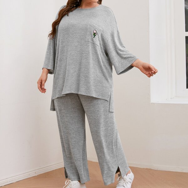 

Plus Drop Shoulder Floral Patched Pocket High-low Hem Top & Pants Set, Grey