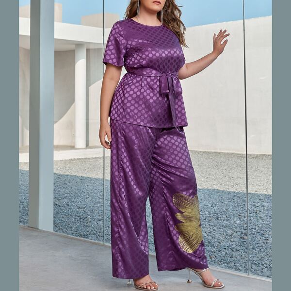 

Plus Polka Dot Belted Top & Graphic Print Palazzo Pants Set, Violet purple