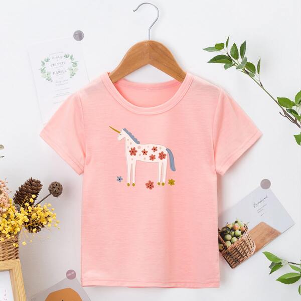 

Toddler Girls Cartoon & Floral Print Tee, Baby pink