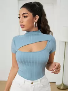 SHEIN EZwear 鏤空細節素色T恤 - 霧霾藍 - 查看 1