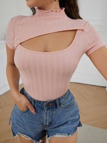 Muchica T-shirt Memotong Plain Casual - Coral Pink - View 1