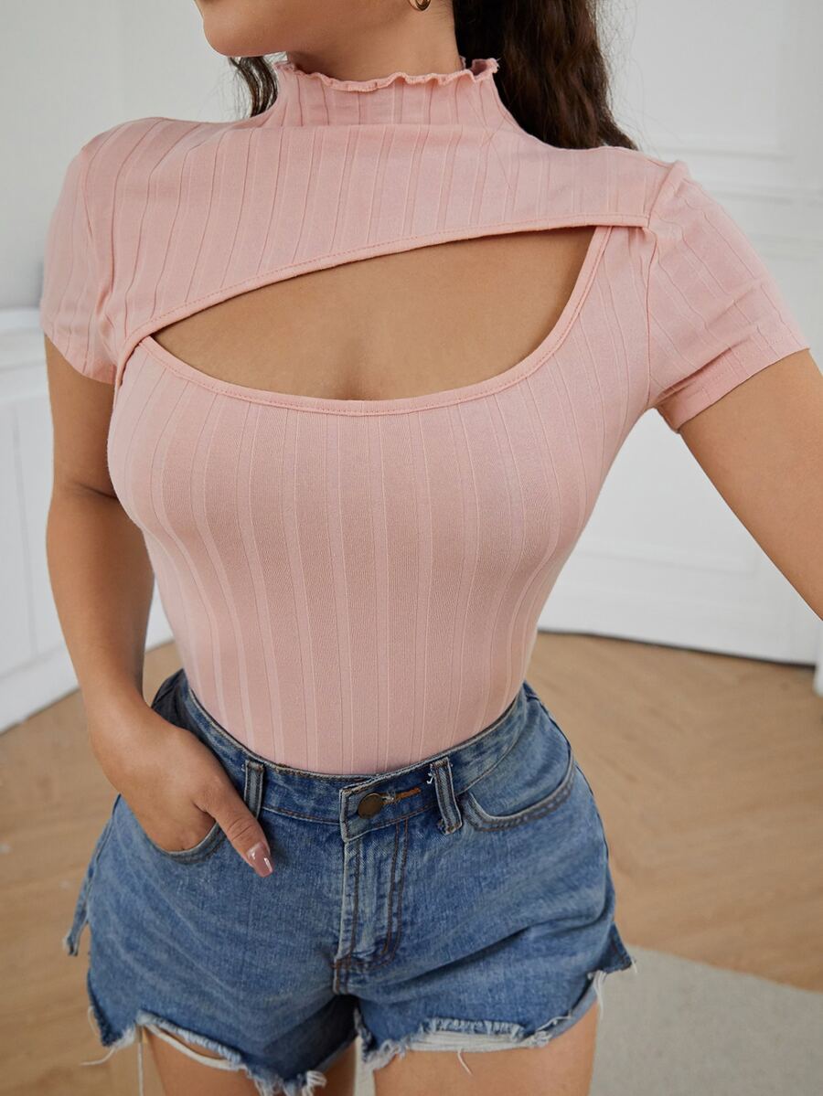 Muchica T-shirt Memotong Plain Casual - Coral Pink - View 1