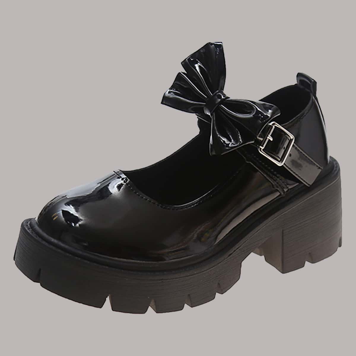 

Bow Chunky Heeled Mary Jane Pumps, Black