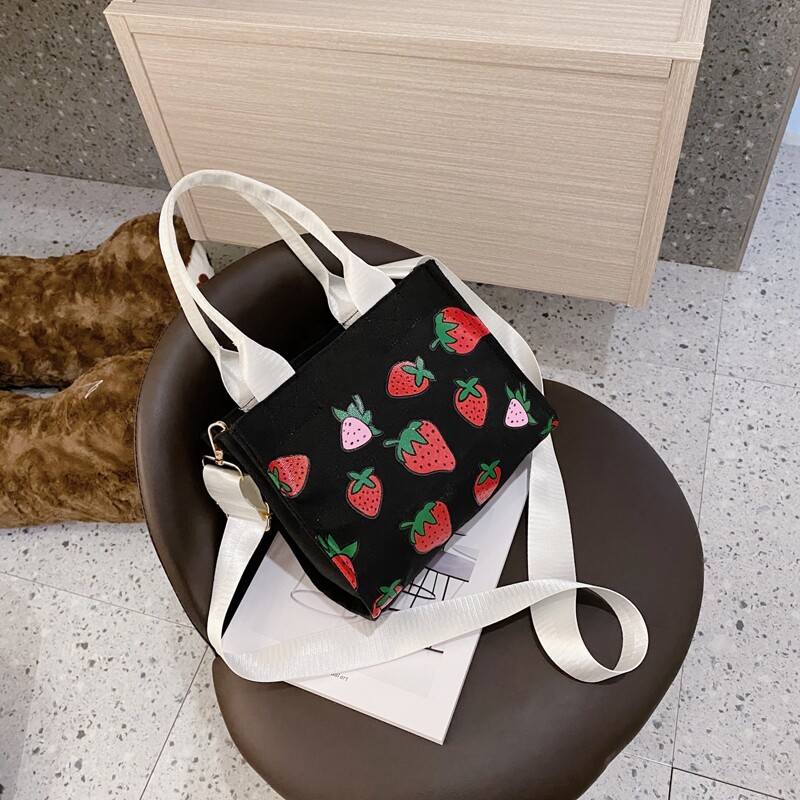 

Strawberry Canvas Satchel Bag, Black
