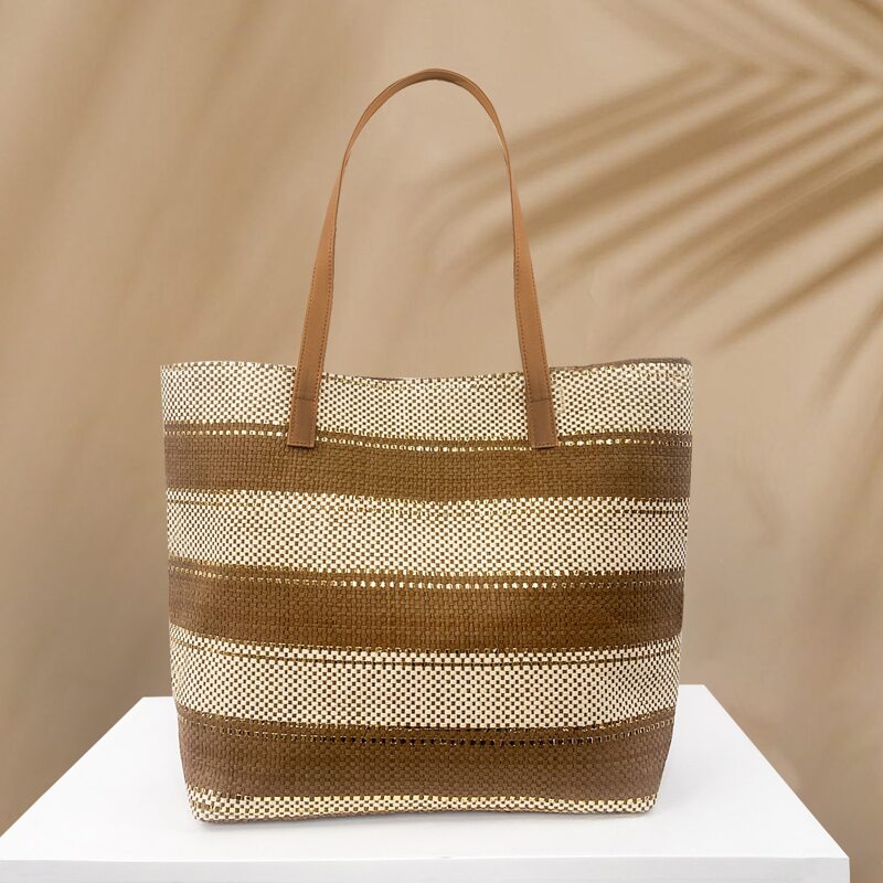 

Color Block Straw Tote Bag, Coffee brown