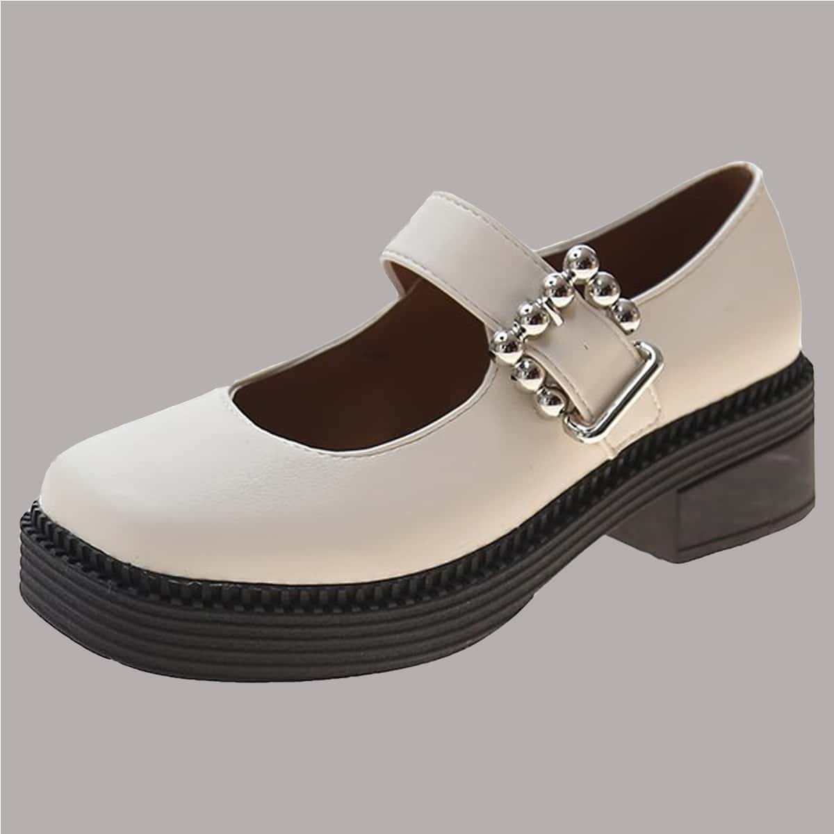 

Ball Buckle Chunky Heeled Mary Jane Pumps, Beige