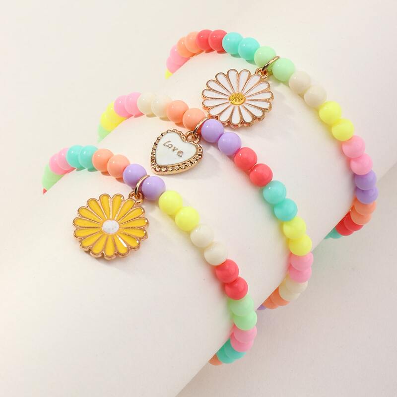 

3pcs Daisy & Heart Beaded Bracelet, Multicolor