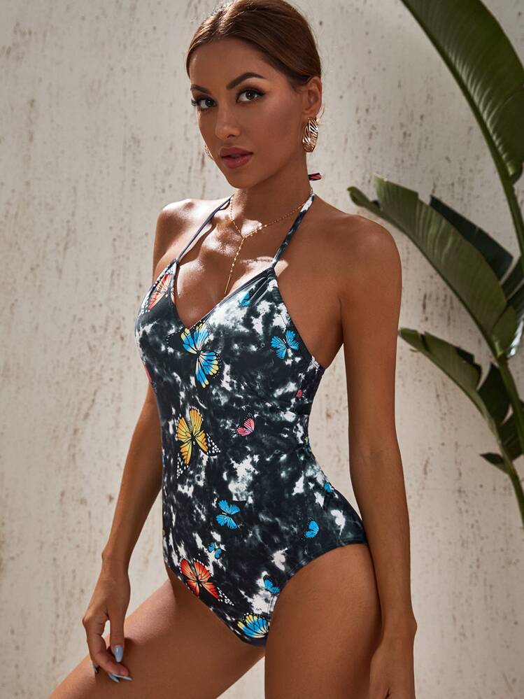 Butterfly Print One Piece Swimsuit - Multicolor - View 1