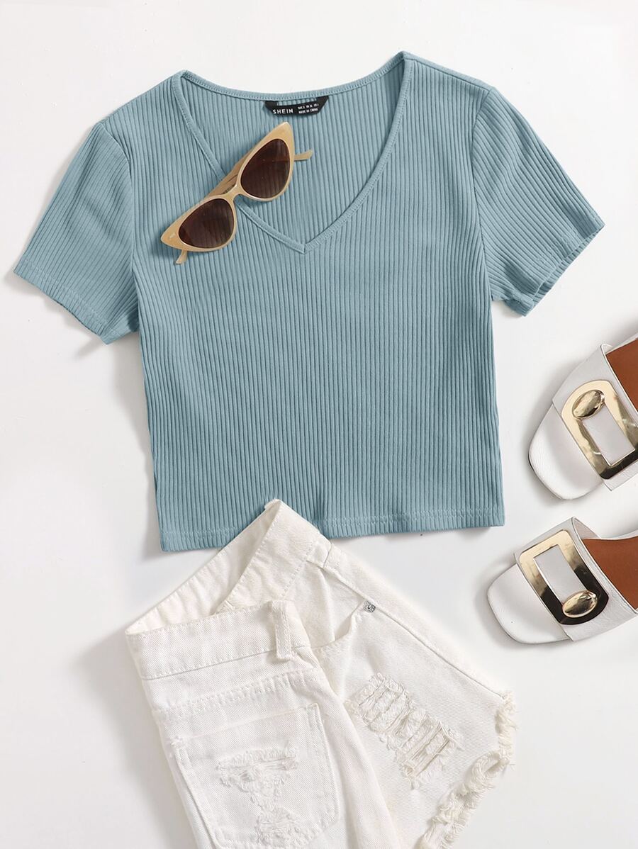 SHEIN EZwear V-Neck Rib-knit Top - Dusty Blue - View 1
