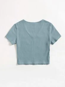 SHEIN EZwear V-Neck Rib-knit Top - Dusty Blue - View 2