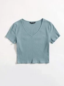 SHEIN EZwear V-Neck Rib-knit Top - Dusty Blue - View 3