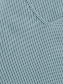 SHEIN EZwear V-Neck Rib-knit Top - Dusty Blue - View 4