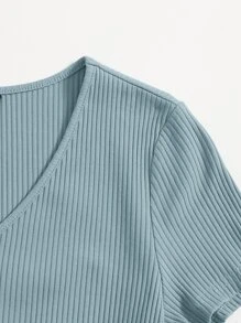 SHEIN EZwear V-Neck Rib-knit Top - Dusty Blue - View 5
