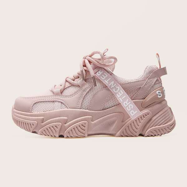 

Letter Tape Decor Mesh Chunky Sneakers, Pink