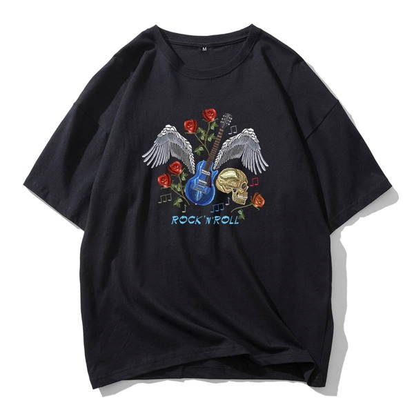

Men Letter & Floral & Skull Print Drop Shoulder Tee, Black