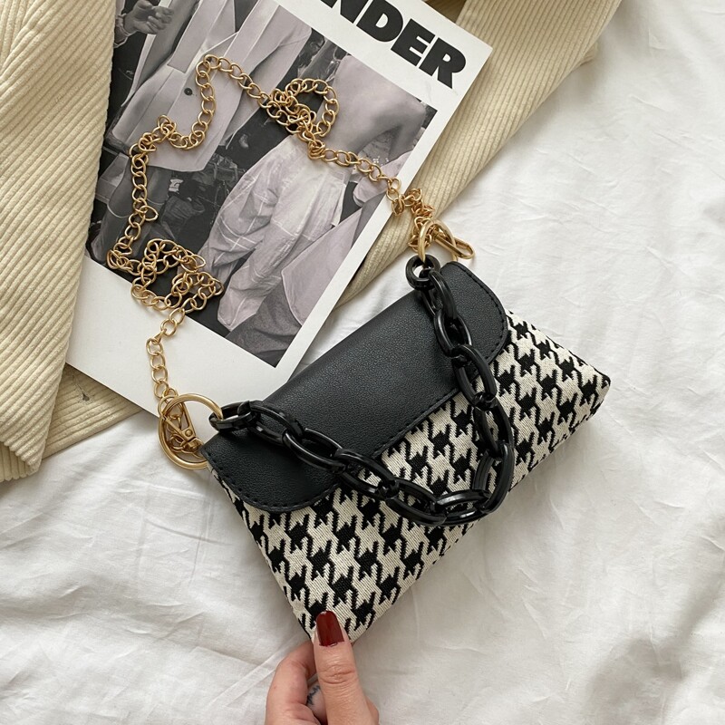 

Houndstooth Chain Satchel Bag, Black