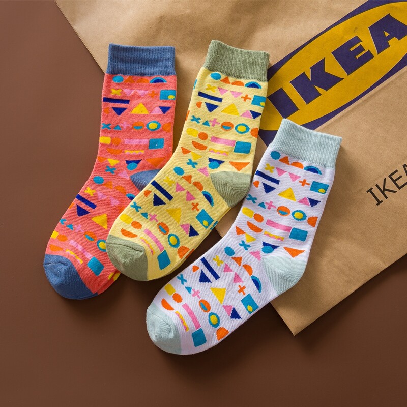 

3pairs Geometric Pattern Crew Socks, Multicolor