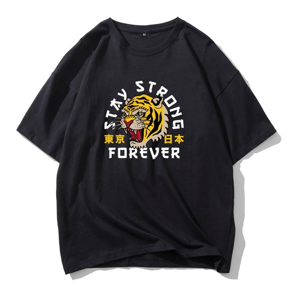 

Men Japanese Letter & Tiger Print Drop Shoulder Tee, Black