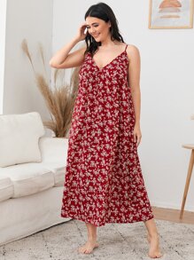 SHEIN Unity Plus Ditsy Floral Cami Night Dress - Burgundy - View 1
