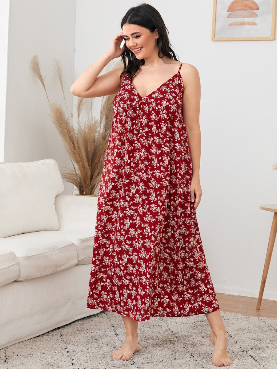 SHEIN Unity Plus Ditsy Floral Cami Night Dress - Burgundy - View 1