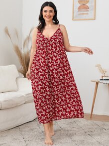 SHEIN Unity Plus Ditsy Floral Cami Night Dress - Burgundy - View 4