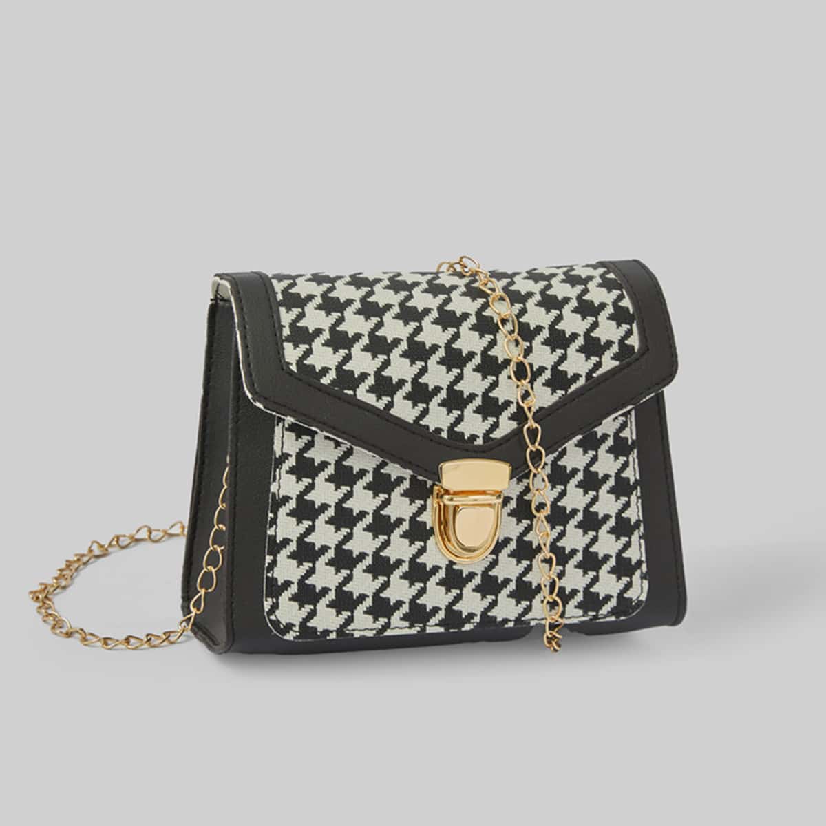 

Houndstooth Chain Crossbody Bag, Black