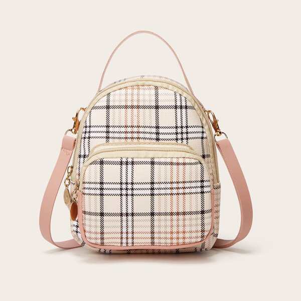 

Plaid Pattern Pocket Front Backpack, Beige