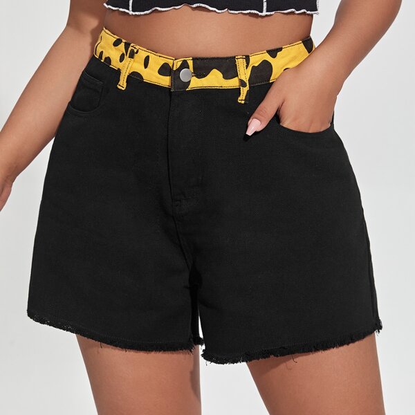 

Plus Color Block Raw Hem Denim Shorts, Black