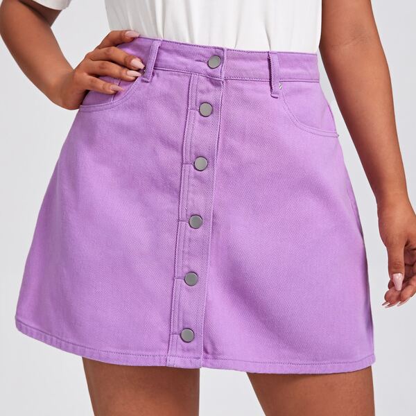

Plus Button Up Denim Skirt, Lilac purple