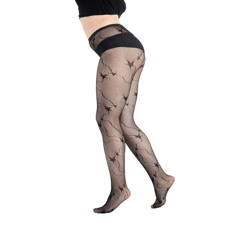 

Star Print Fishnet Tights, Black