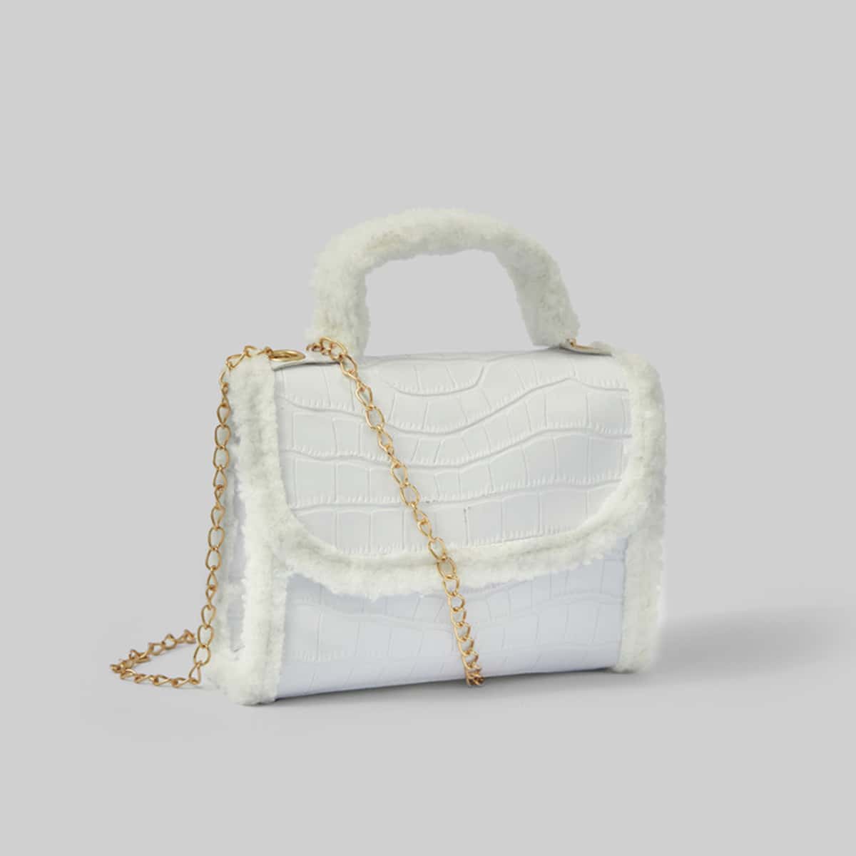 

Croc Embossed Fluffy Trim Satchel Bag, White
