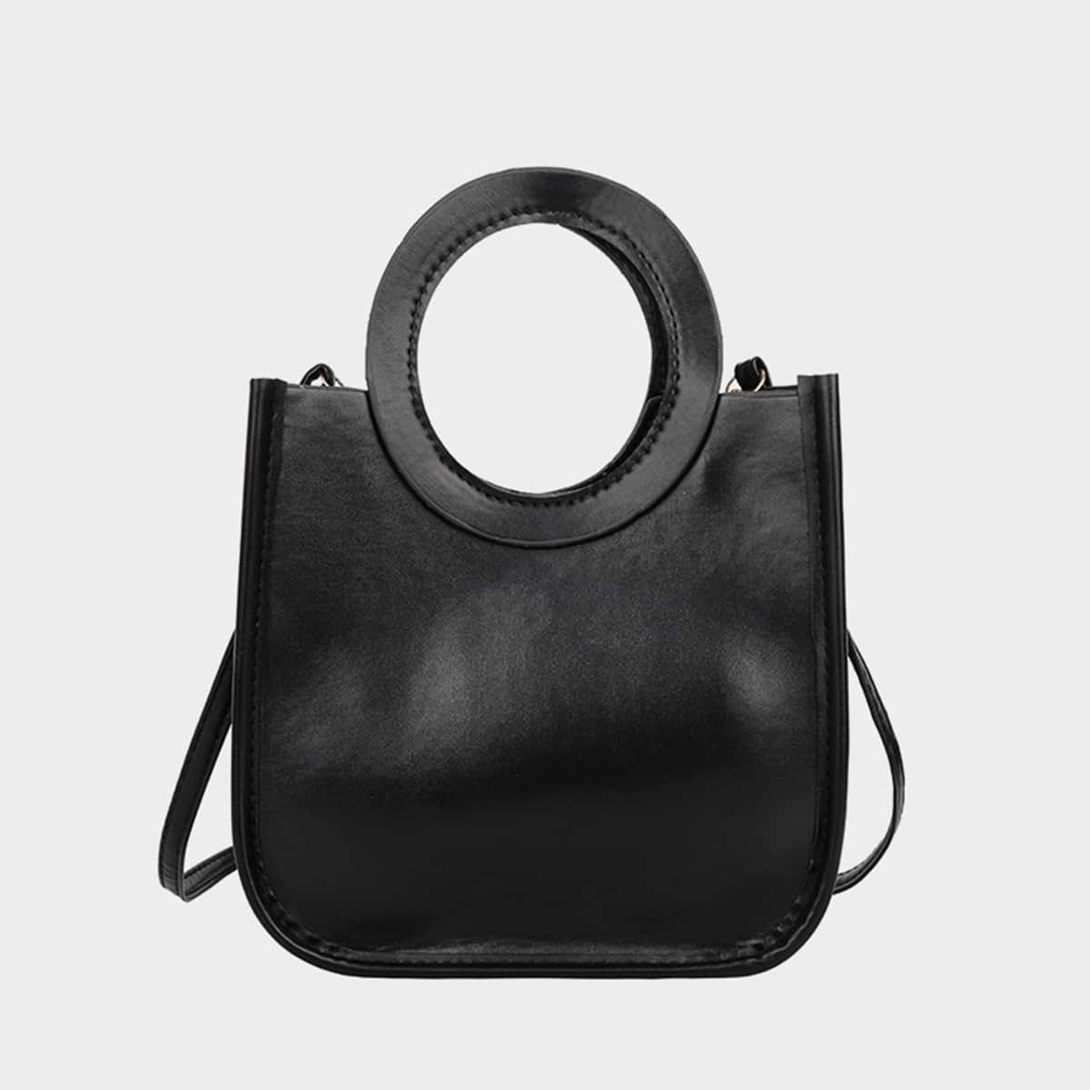 

Solid Ring Handle Satchel Bag, Black