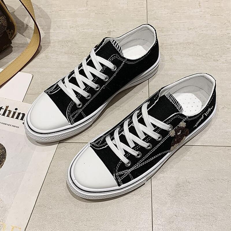 

Cartoon Bear Lace-up Canvas Sneakers, Black