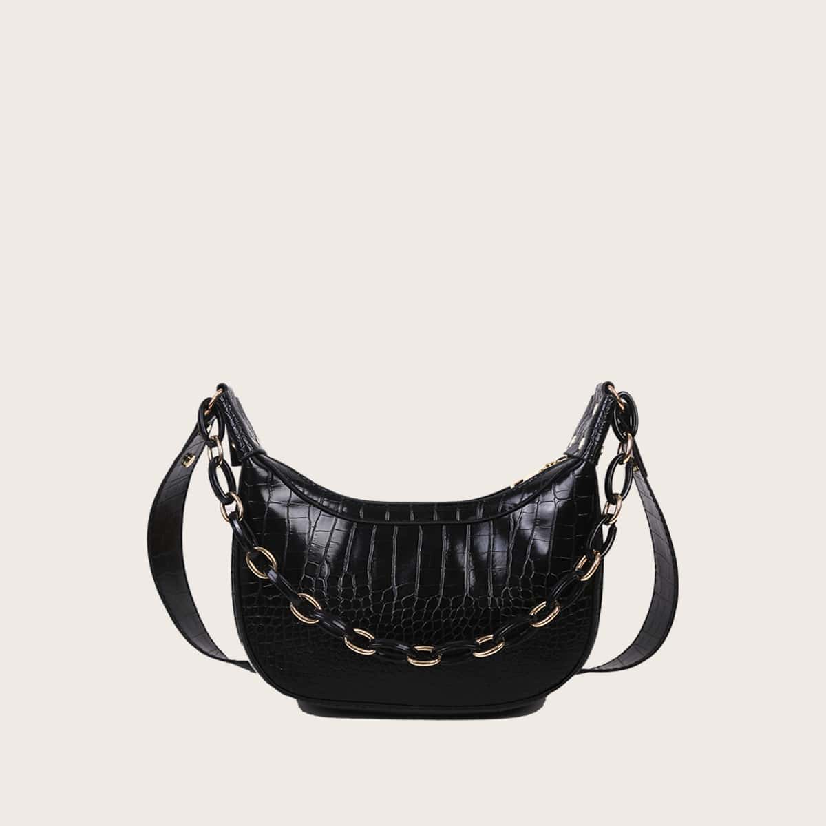 

Croc Embossed Chain Baguette Bag, Black