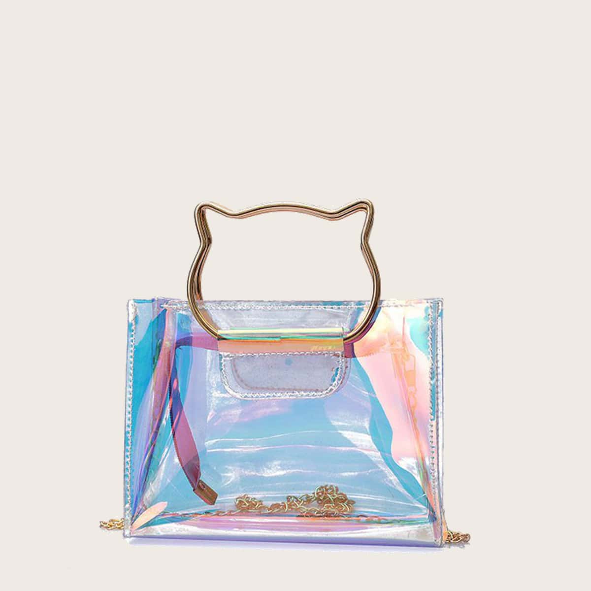 

Holographic Cat Ring Satchel Bag, Clear