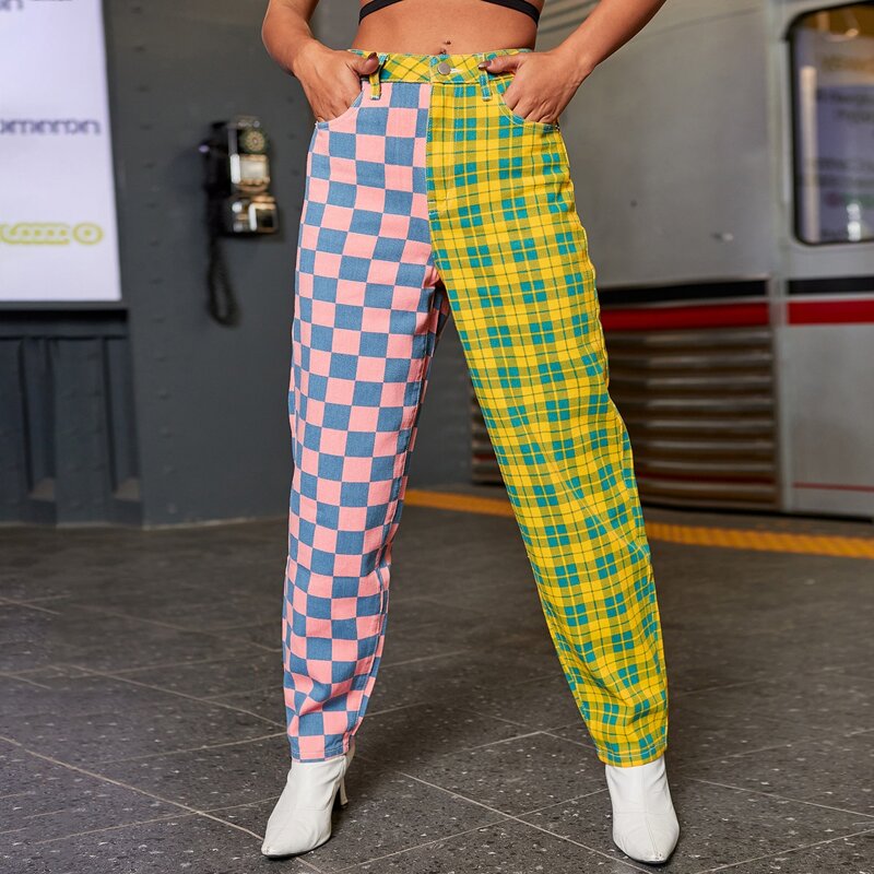 

High Waist Plaid Jeans, Multicolor