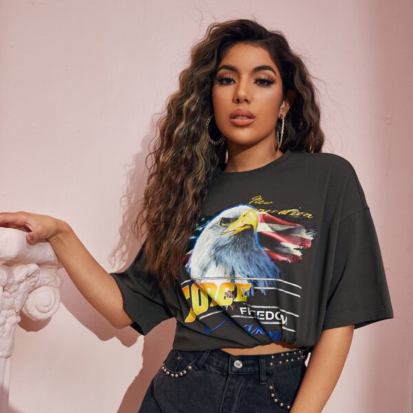 

Drop Shoulder Letter & Eagle Print Tee, Dark grey